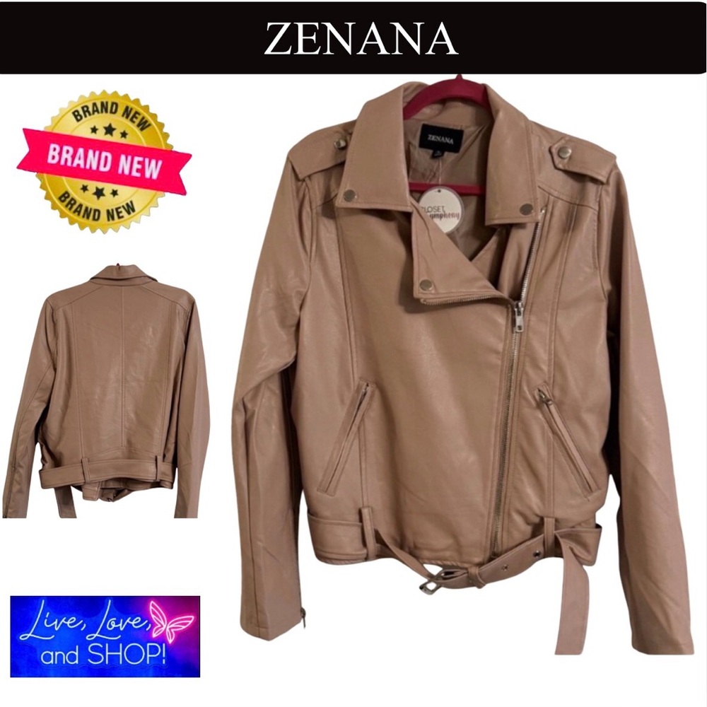 ZENANA Pink Rose Faux Leather Moto Biker Jacket, NWOT